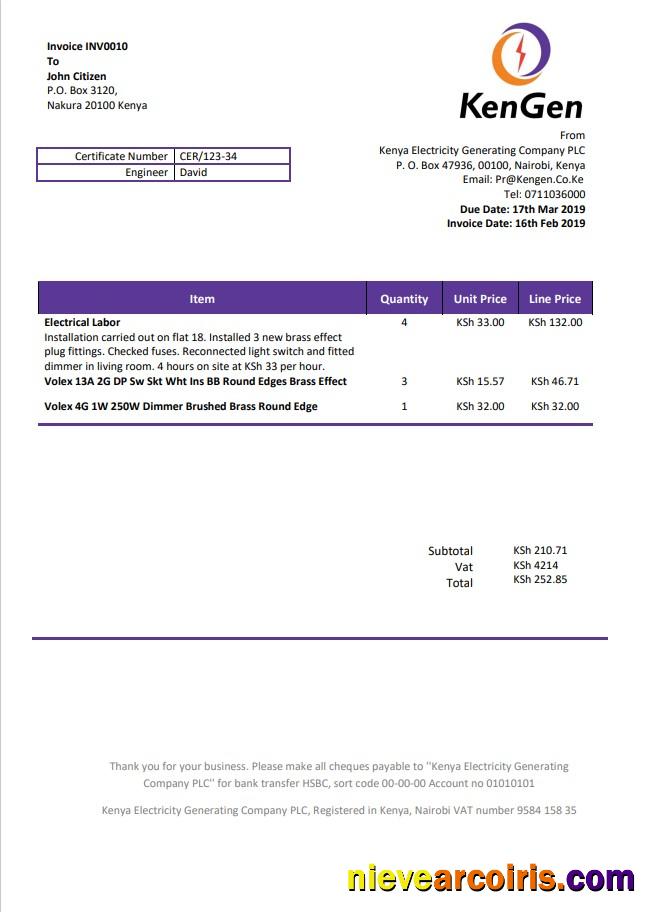 Kenya KenGen Electricity Generating Company utility bill